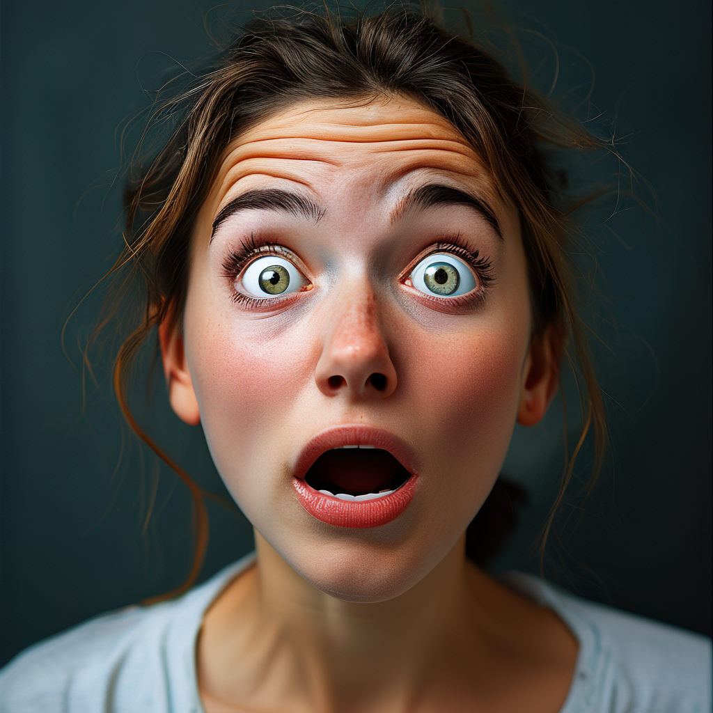 A portrait capturing genuine surprise — raised eyebrows, wid