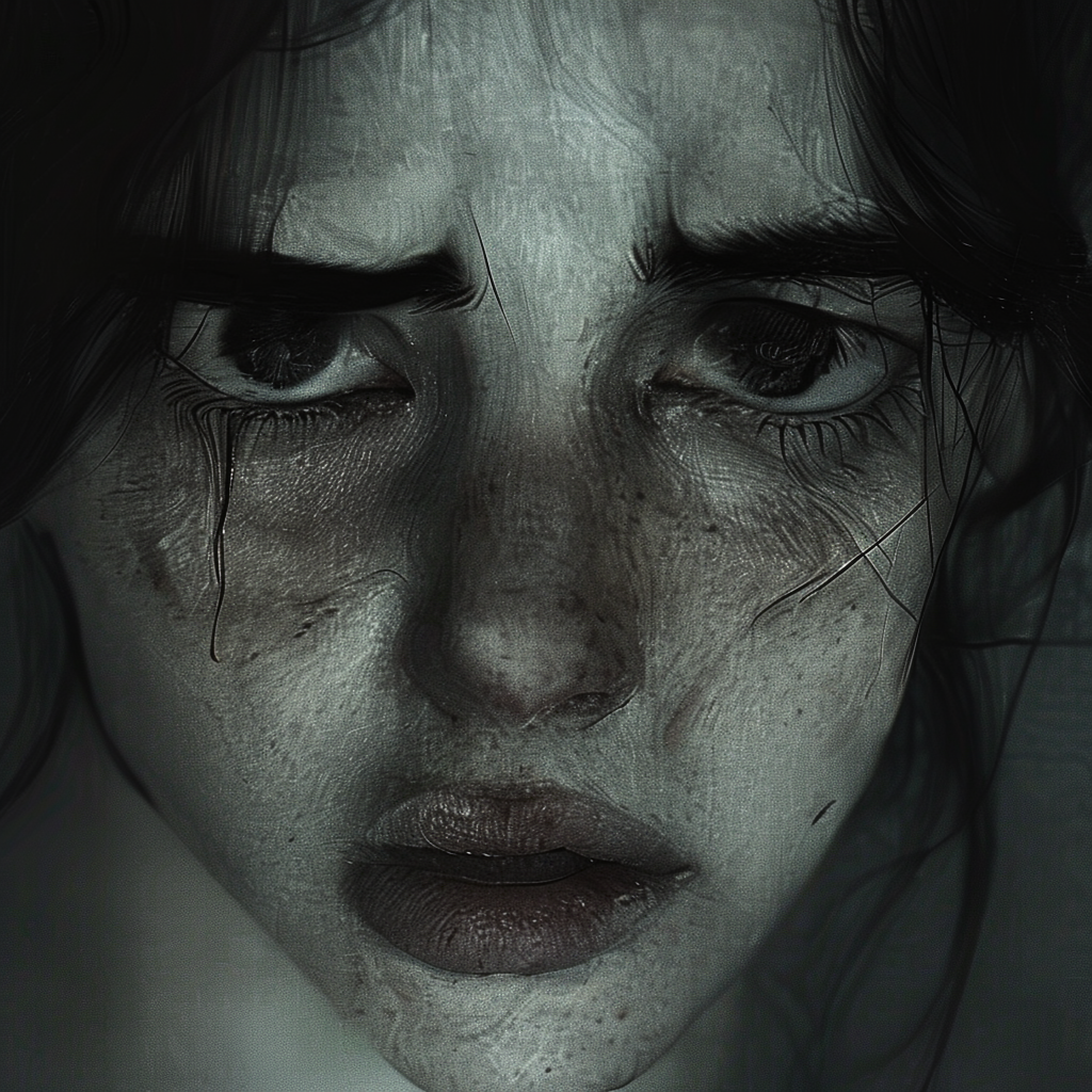 A face showing quiet melancholy — downcast eyes, slightly dr