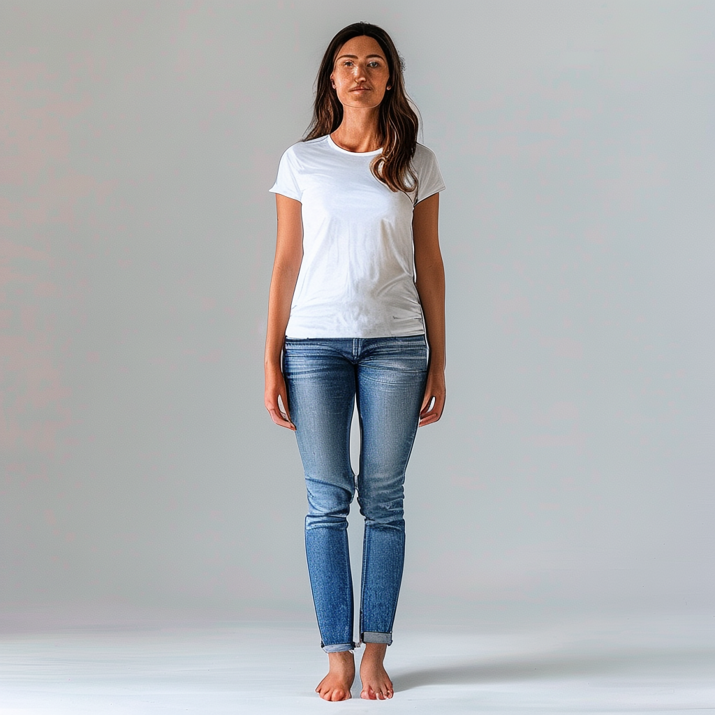 A woman standing upright in a relaxed pose, arms at her side