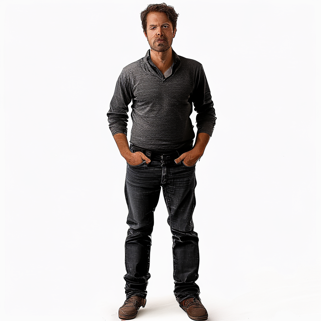 A man standing straight facing the camera, hands in pockets,