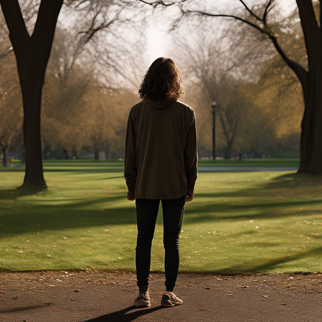 A person standing in a neutral pose in a park, full body vis