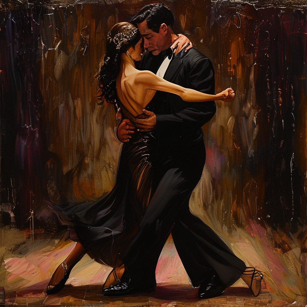 Two tango dancers in a close embrace, the man dipping the wo