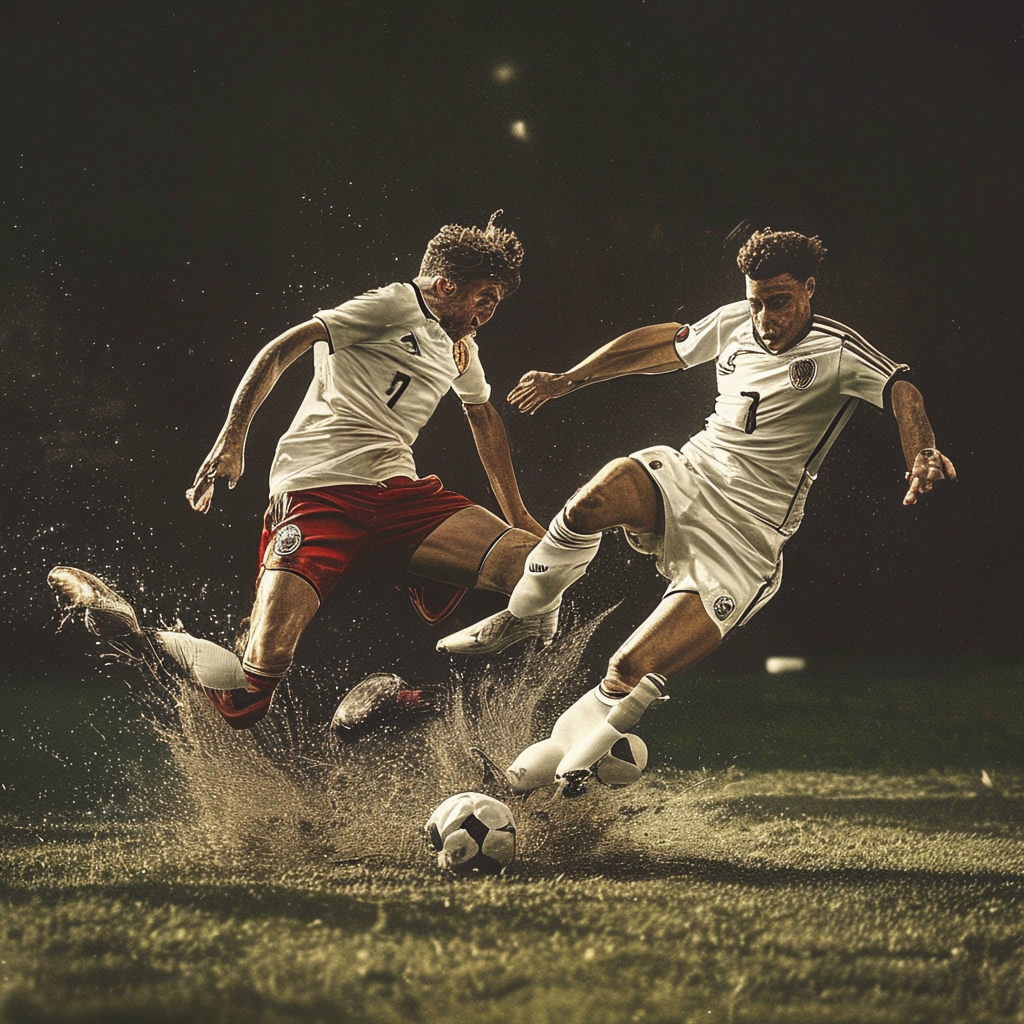 Two soccer players mid-tackle, one sliding and the other jum