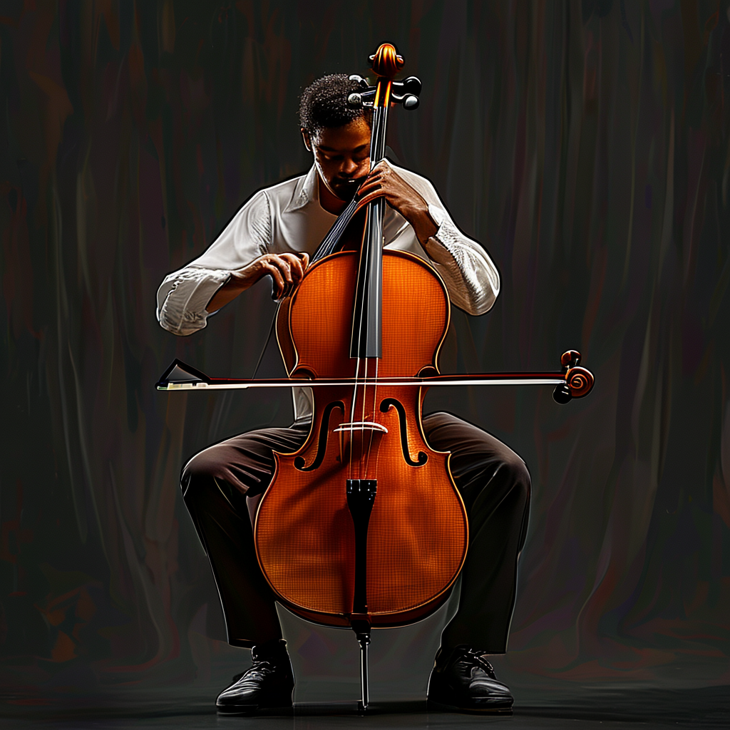 A cellist seated with correct posture, legs around the instr