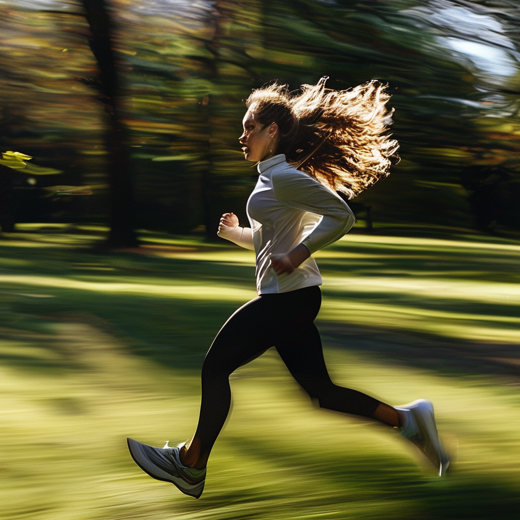 A woman mid-stride running through a park, hair and clothes 