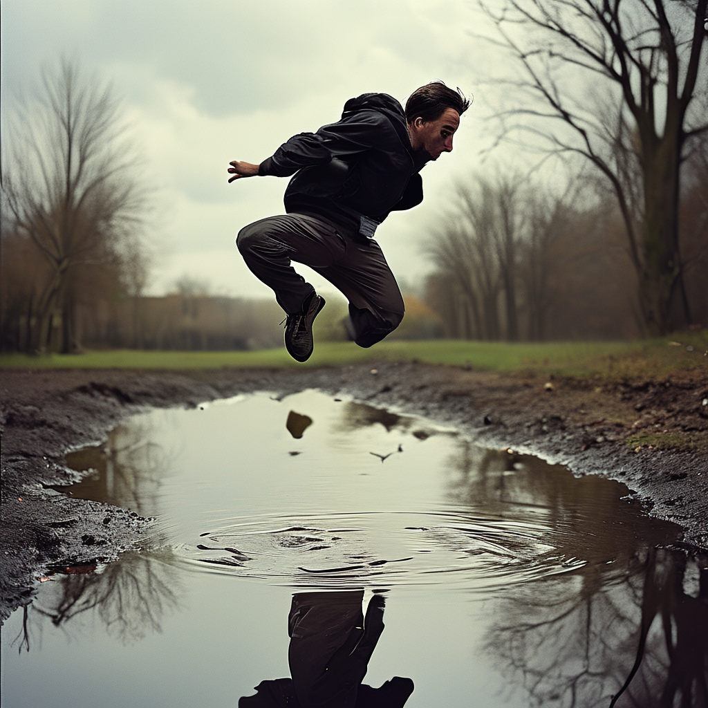 A man captured mid-jump over a puddle, body in the air with 