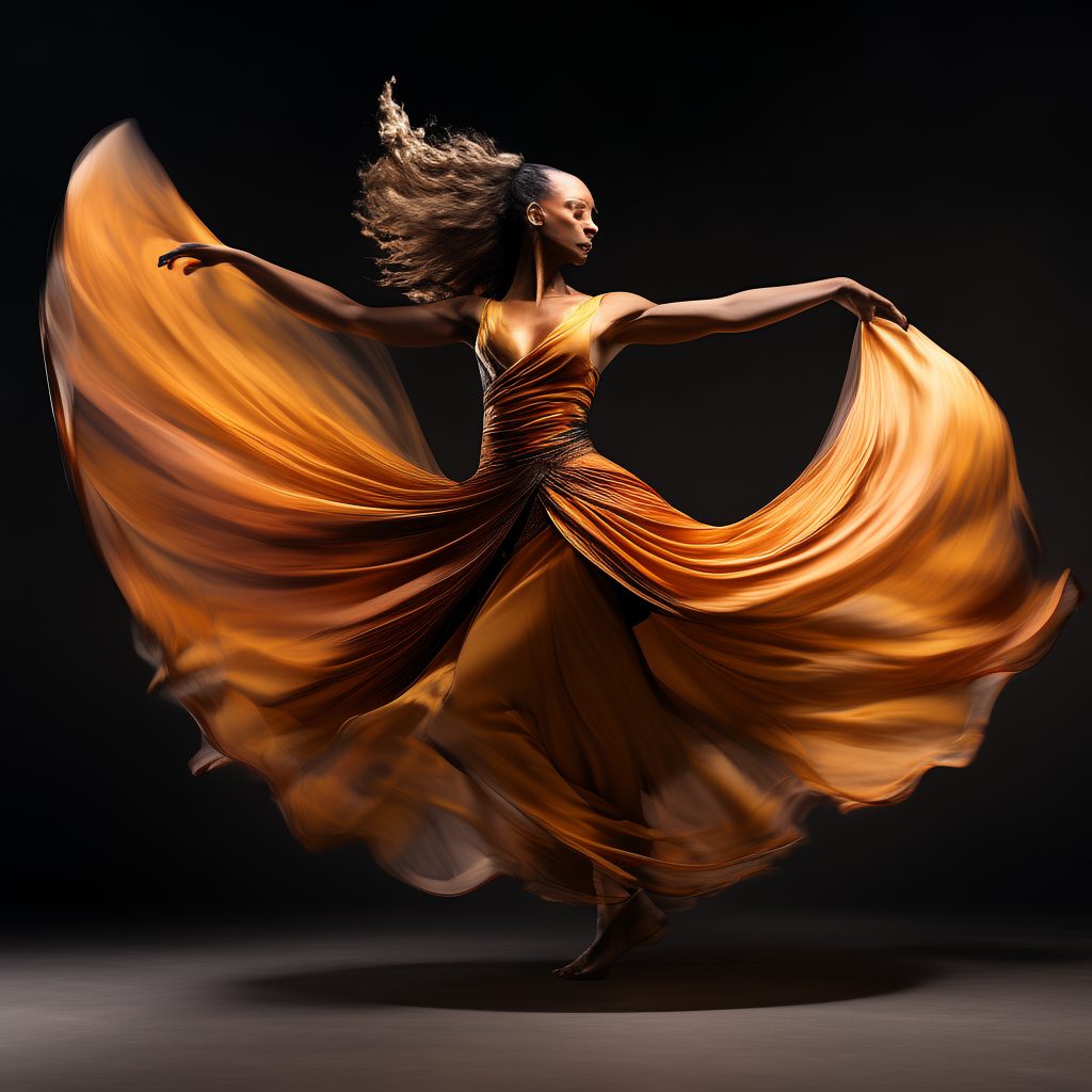 A dancer in a dynamic spin, dress flowing outward with one l