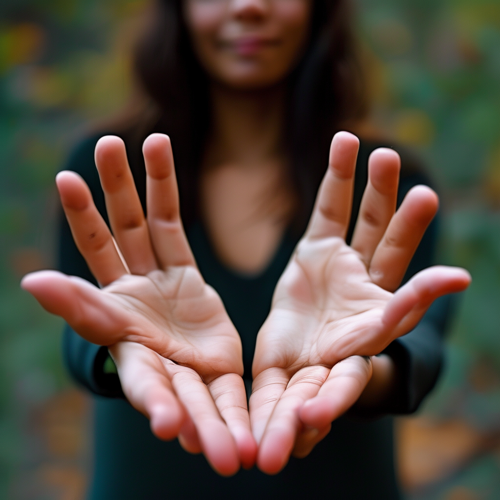 A woman holding her hands out in front of her palms-up, all 