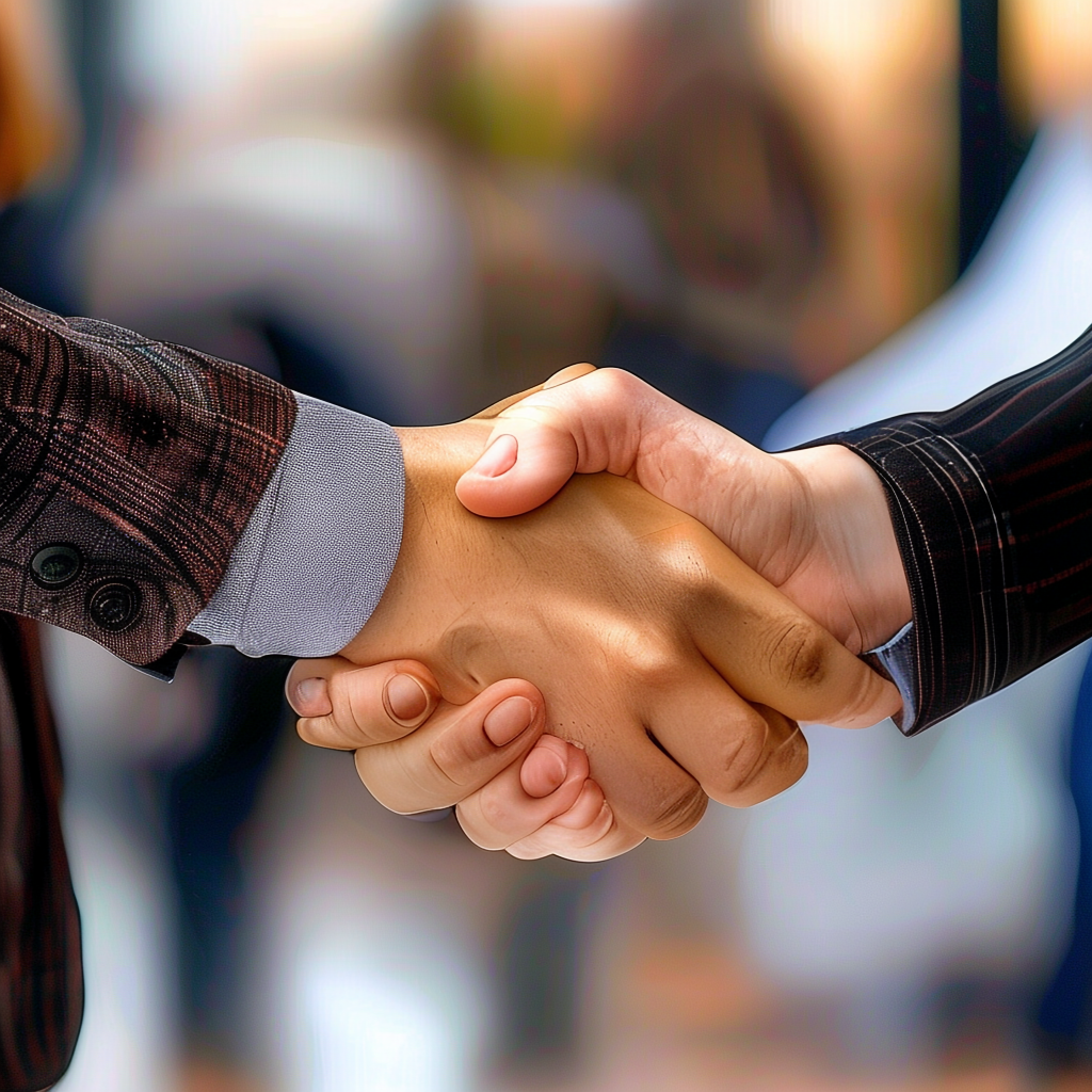 Two people shaking hands in a professional setting, all fing