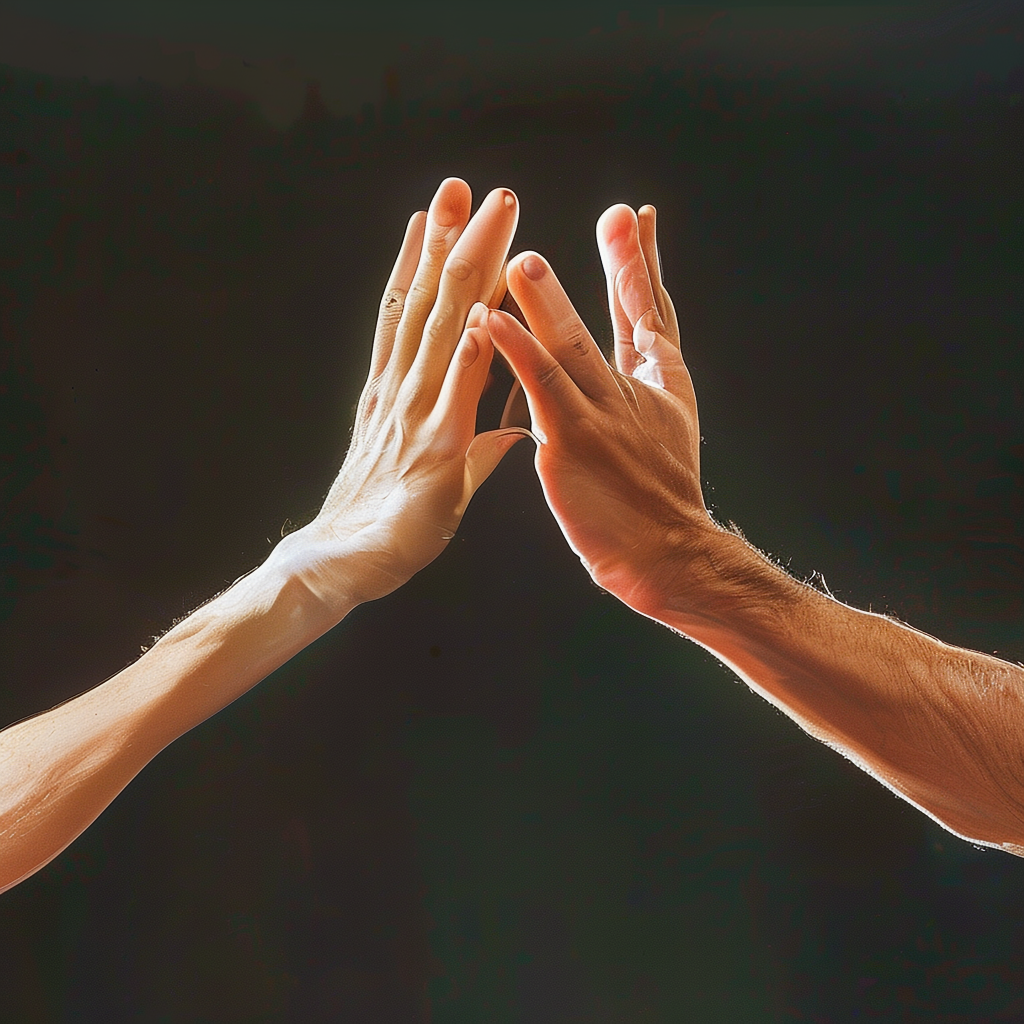 Two people doing a high-five, palms meeting with all fingers