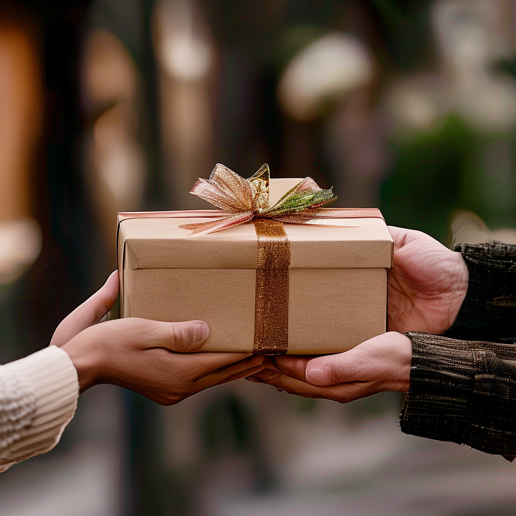 One person handing a small gift box to another person, both 