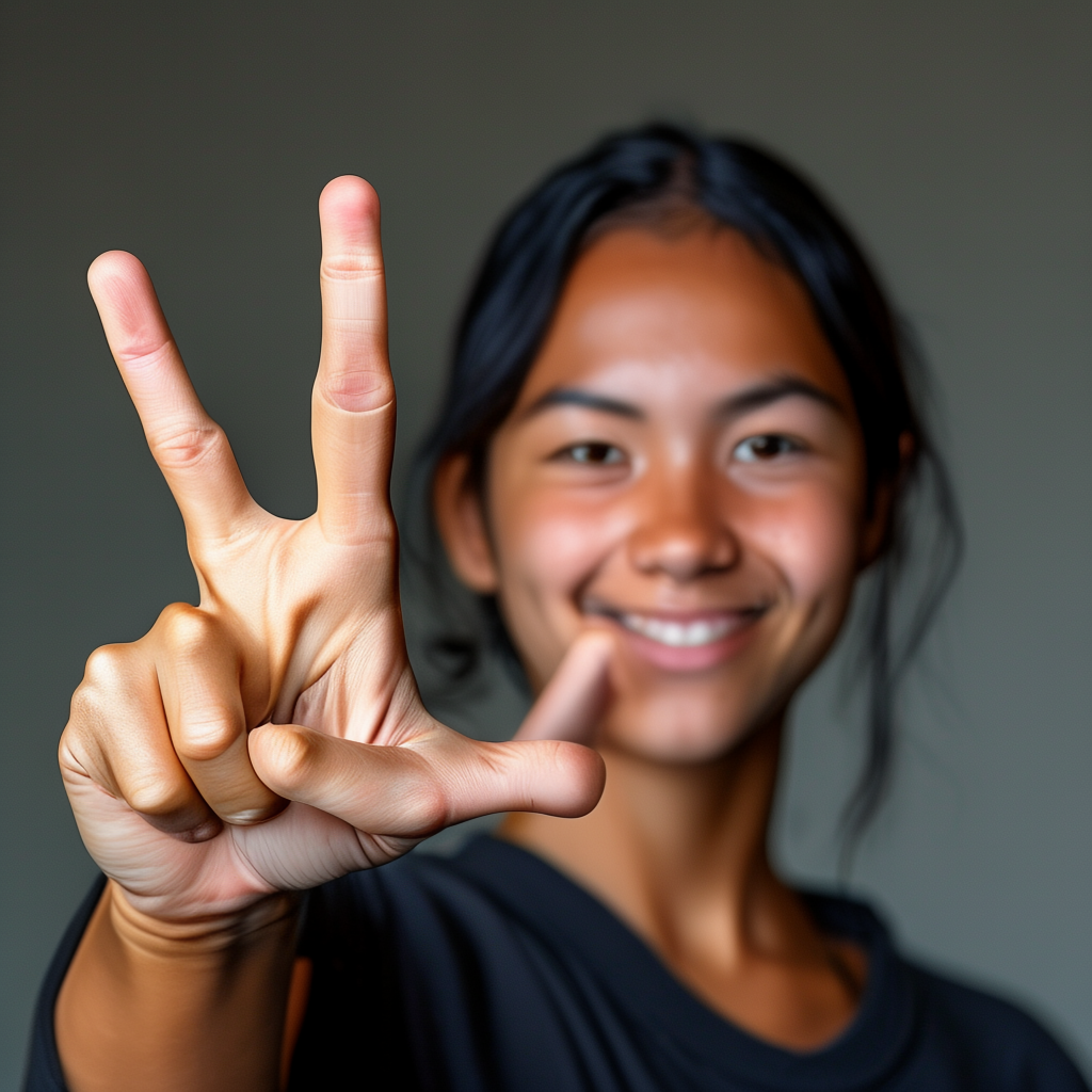 A person making a peace sign with their right hand, clearly 