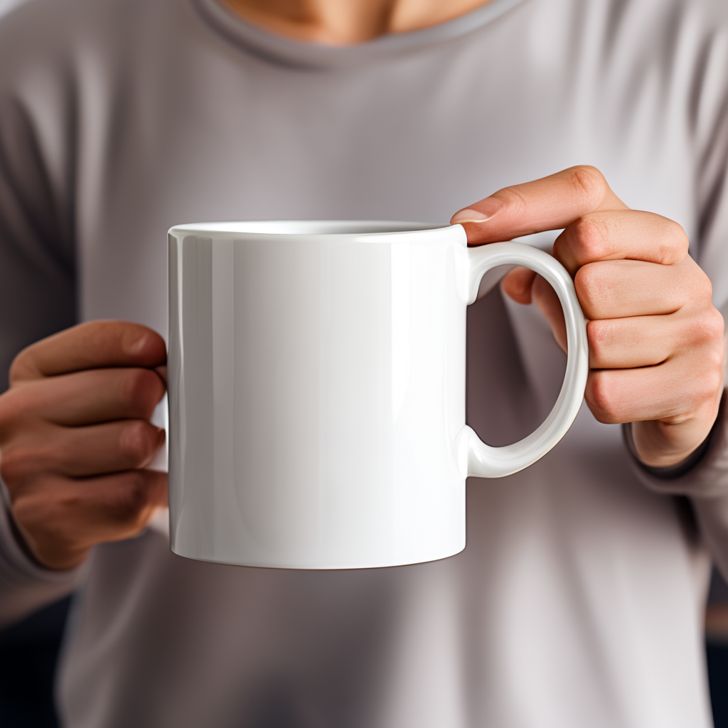 A person holding a white ceramic coffee mug by the handle wi