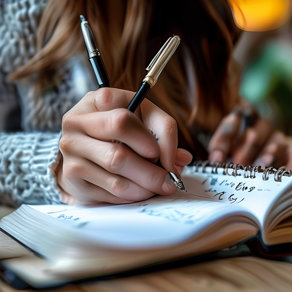 A woman writing in a notebook with a pen gripped correctly i