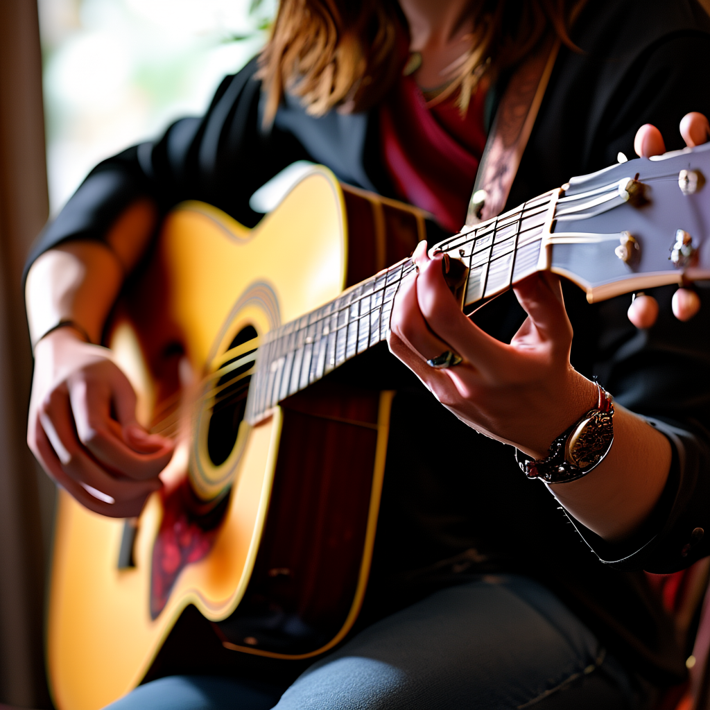 A person playing an acoustic guitar with left hand on the fr