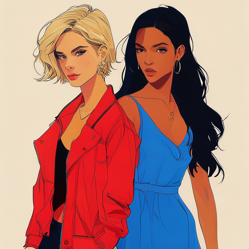 Two women standing side by side: one with short blonde hair 