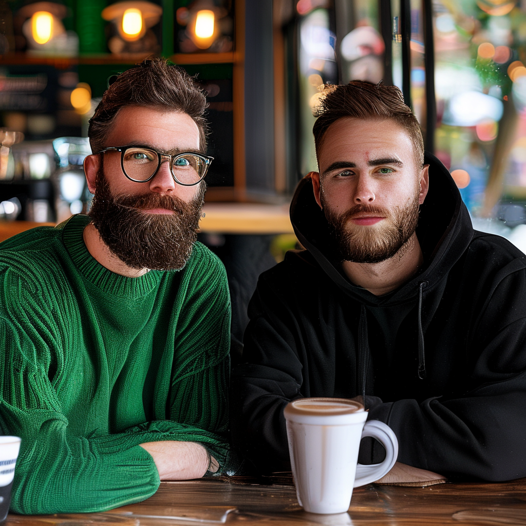 Two men at a cafe: one with a beard and glasses wearing a gr