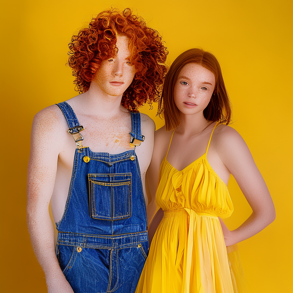 Two friends posing: one tall with curly red hair in denim ov