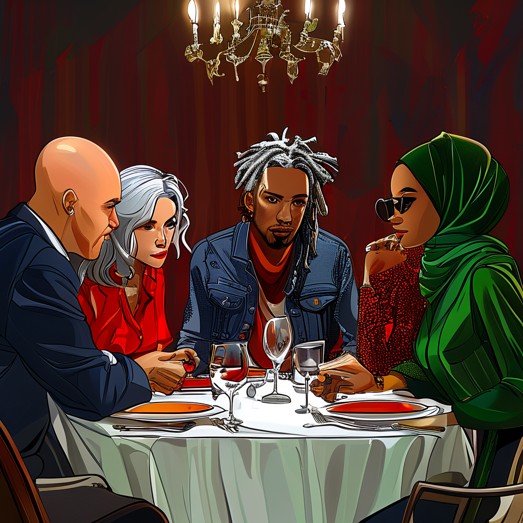 Four people at a dinner table: a bald man in a suit, a woman