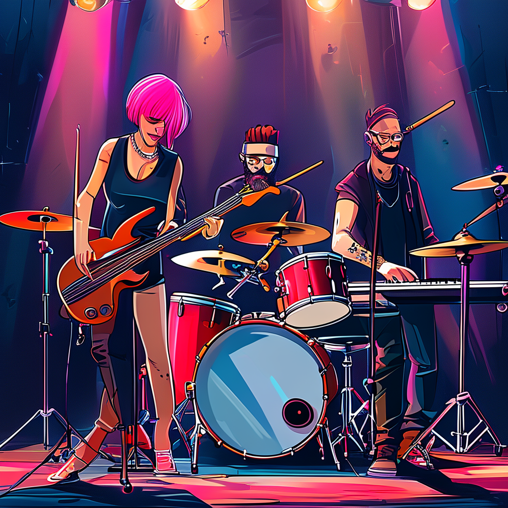 Three musicians on stage: a tall woman with short pink hair 