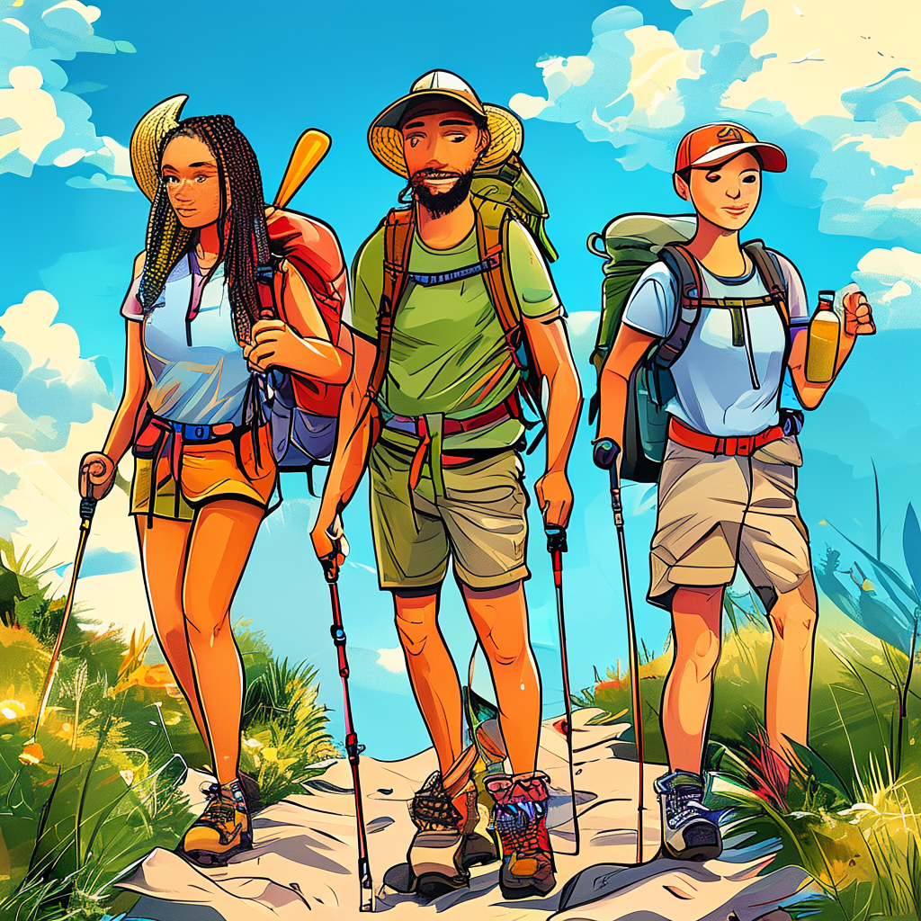 Three hikers on a trail: a man with a backpack and sunhat, a