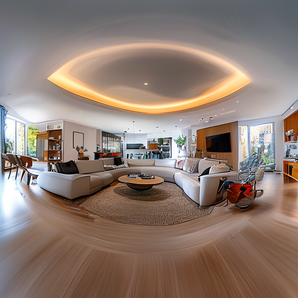 A wide-angle shot of a modern living room interior showing e