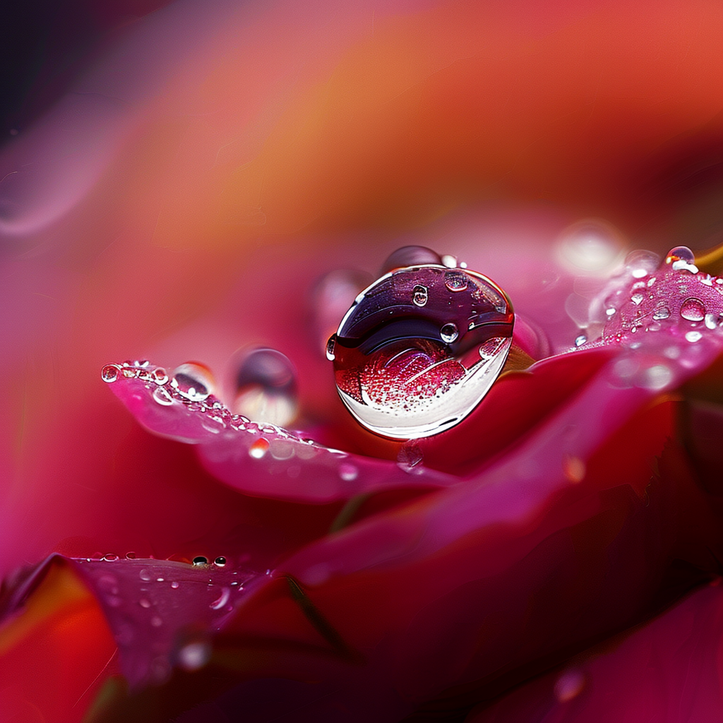 A close-up macro shot of a single dewdrop on a rose petal, s