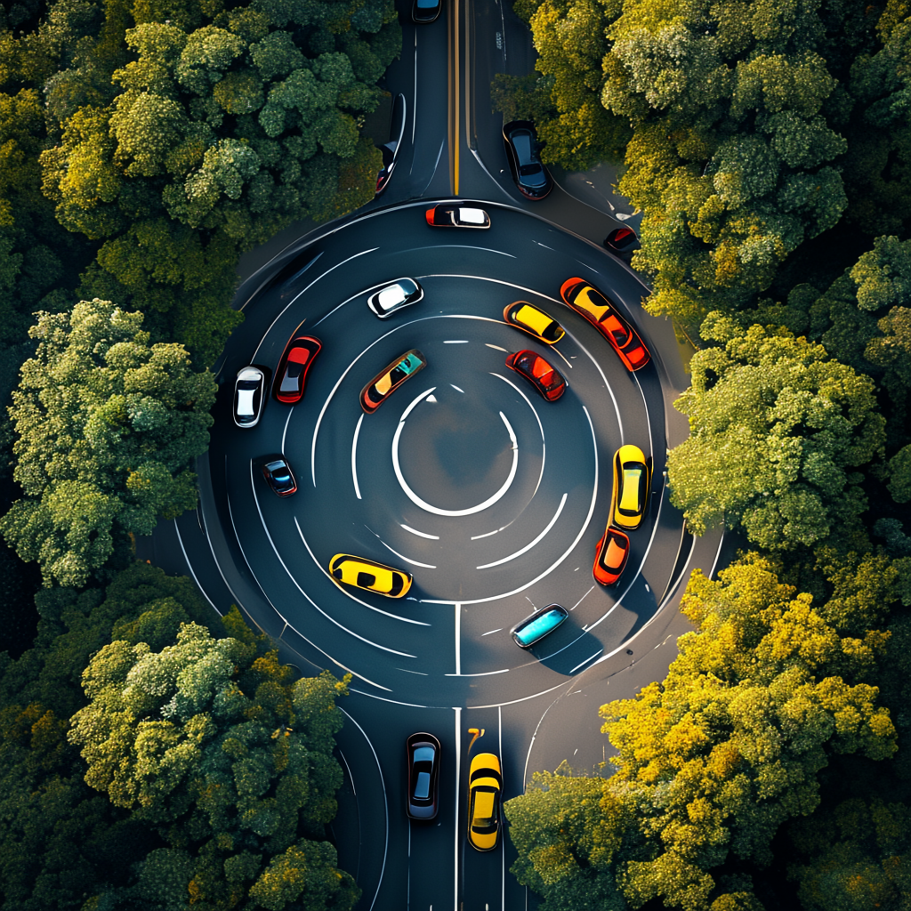 An aerial bird's-eye view looking straight down at a traffic