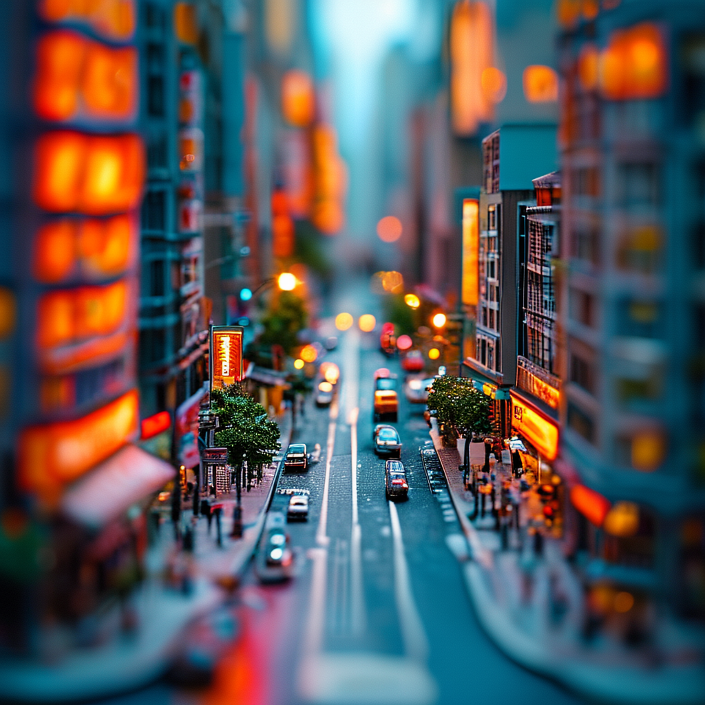 A tilt-shift photograph of a city street making real-life lo