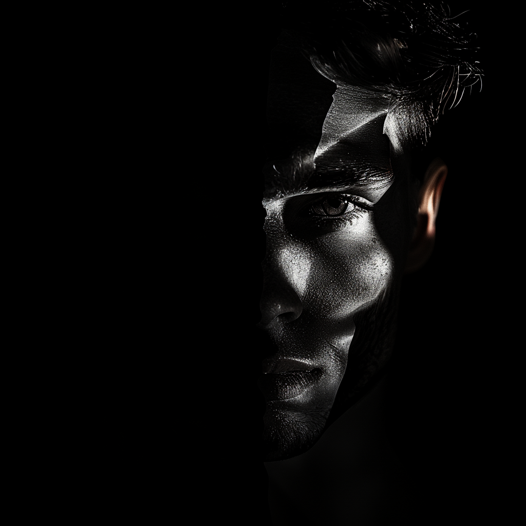 A portrait with dramatic split lighting — half the face brig