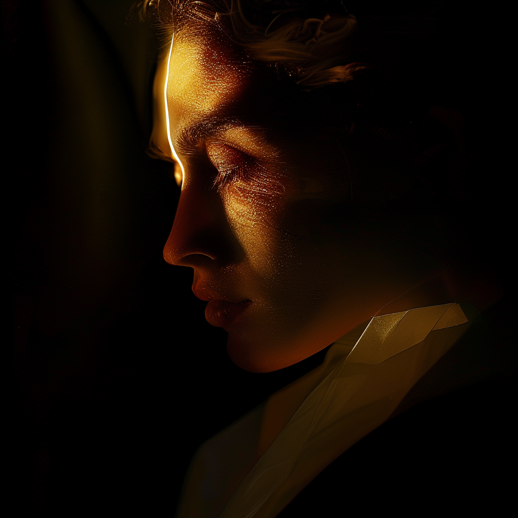 A portrait lit with classic Rembrandt lighting — triangle of