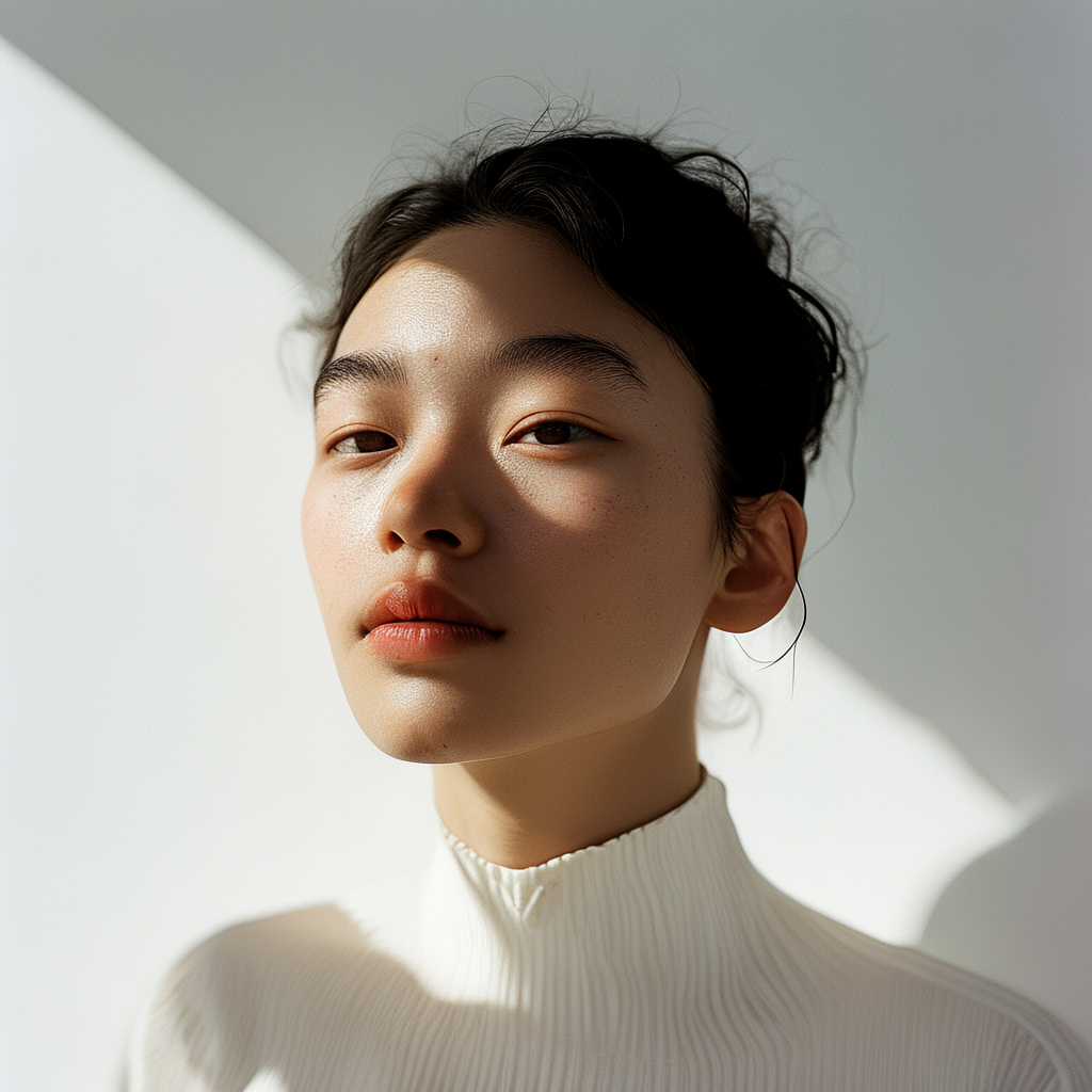 A high-key portrait of a person against a bright white backg