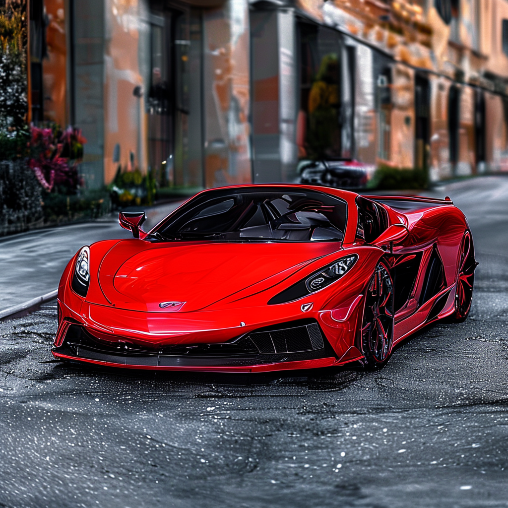 A bright red sports car parked on a gray asphalt road — the 