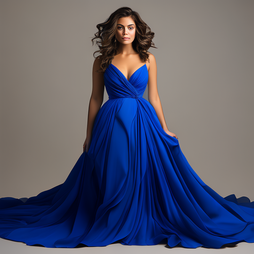 A woman wearing a royal blue evening dress against a neutral