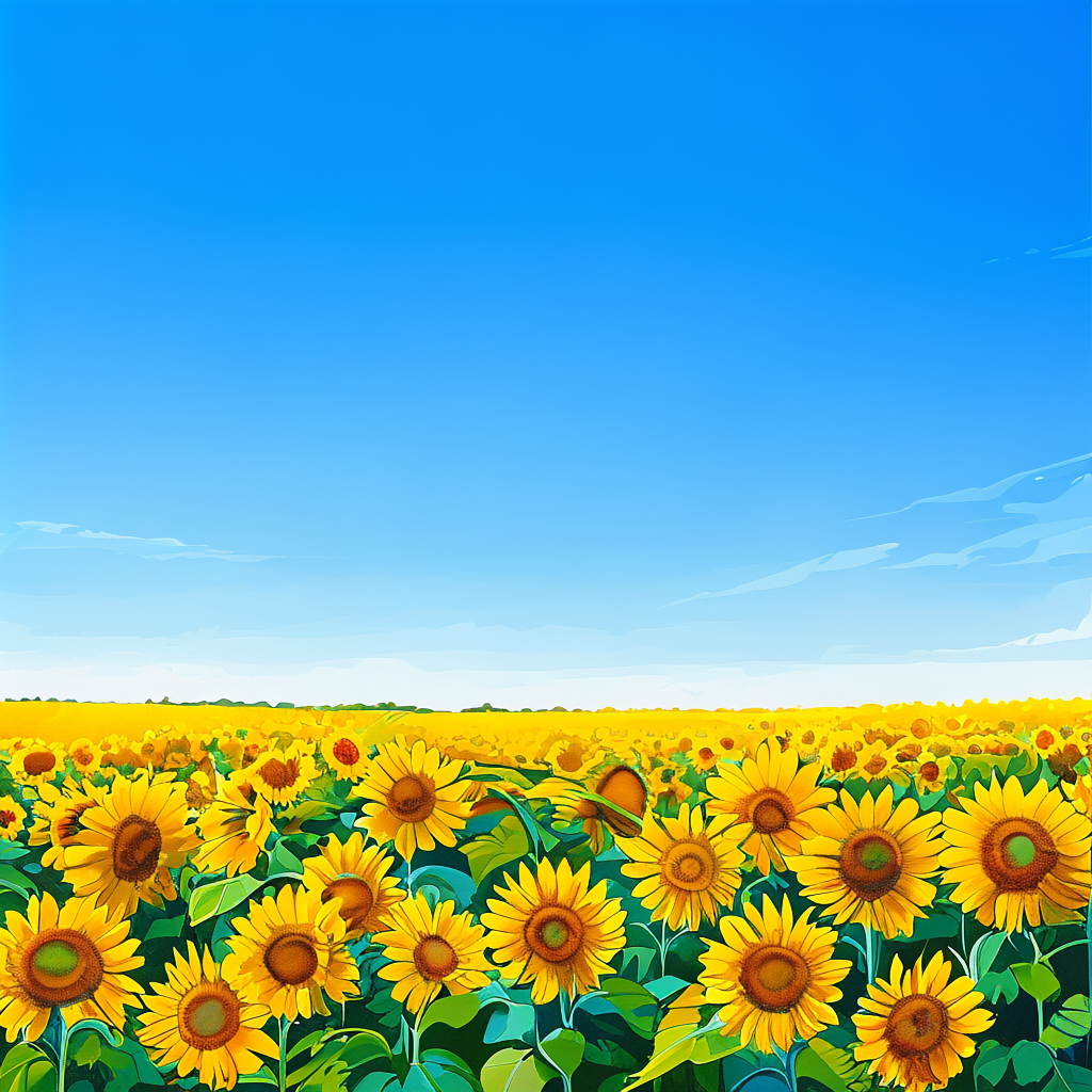 A field of pure sunflower yellow flowers under a clear blue 