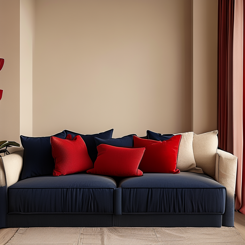 A minimalist room with walls in #F5E6CC (warm cream), a sofa