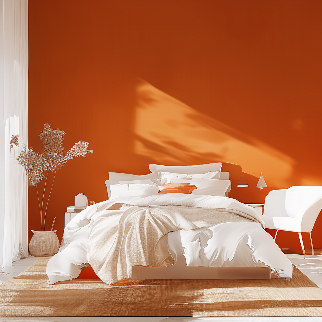 A bedroom wall painted in #FF6B35 (burnt orange) with white 