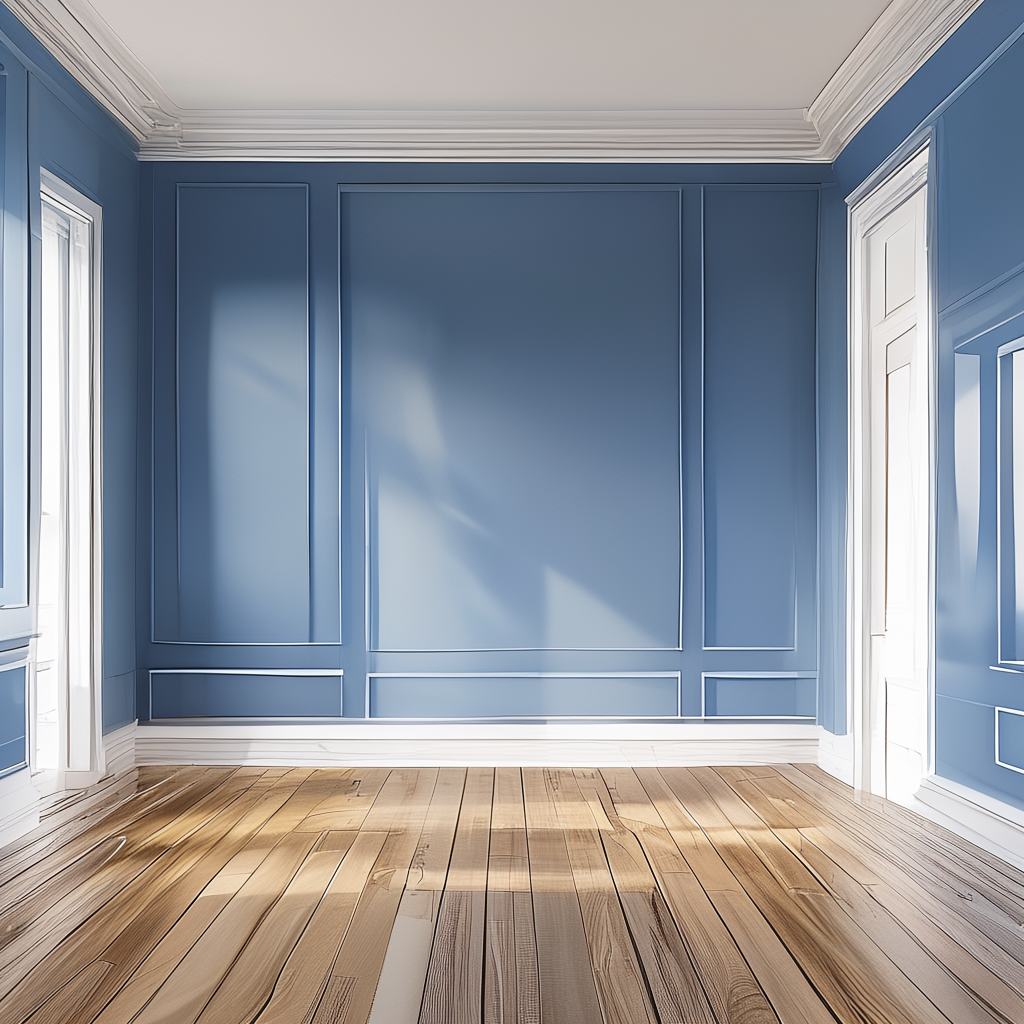 A room with walls in #4A90D9 (medium blue) with warm wooden 
