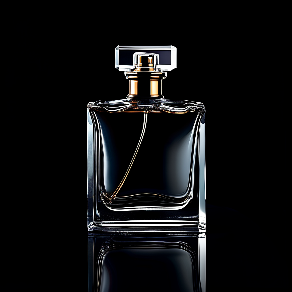A clear glass perfume bottle on a reflective black surface w