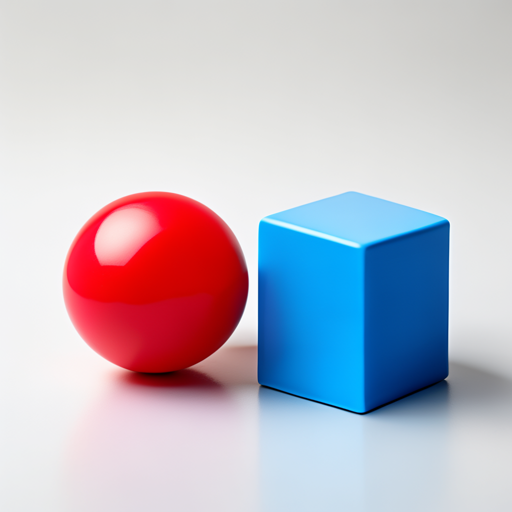 A red ball and a blue cube sitting side by side on a white s