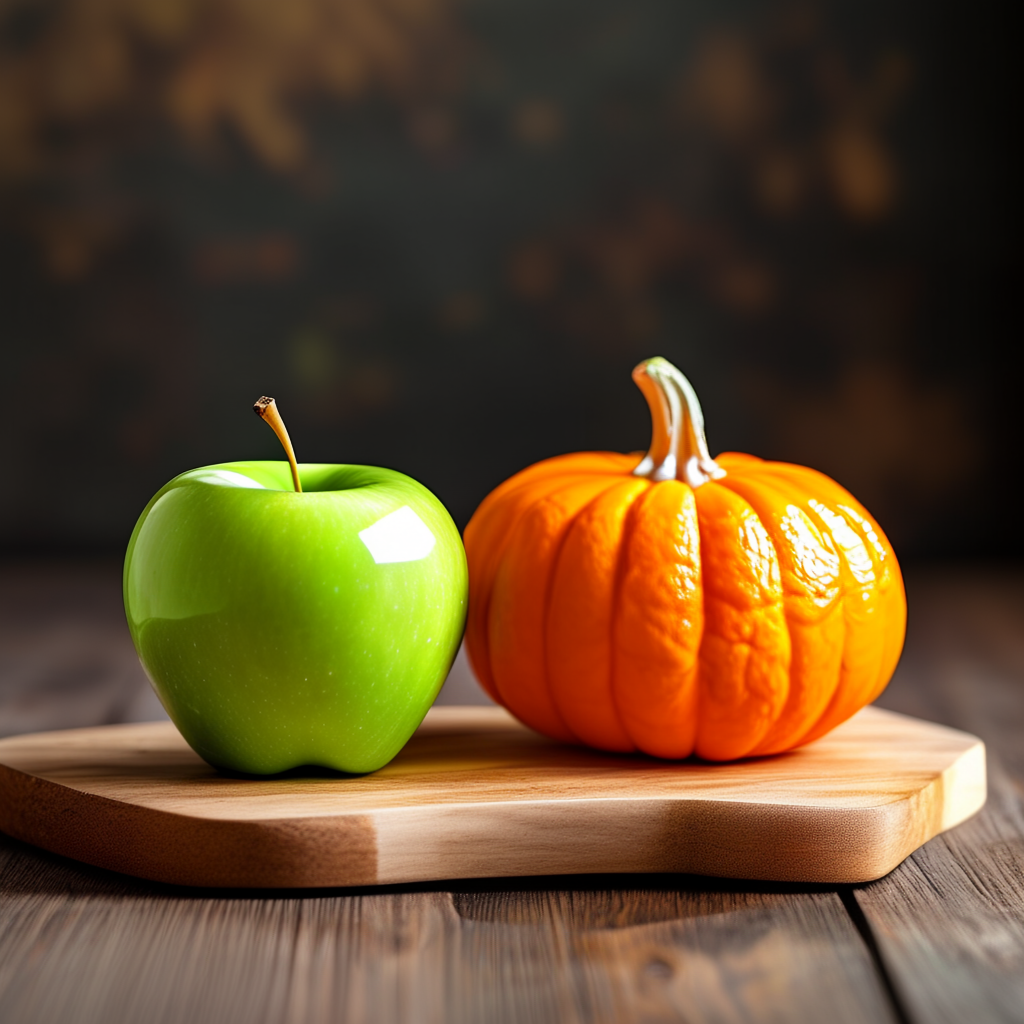 A green apple and an orange pumpkin on a wooden cutting boar