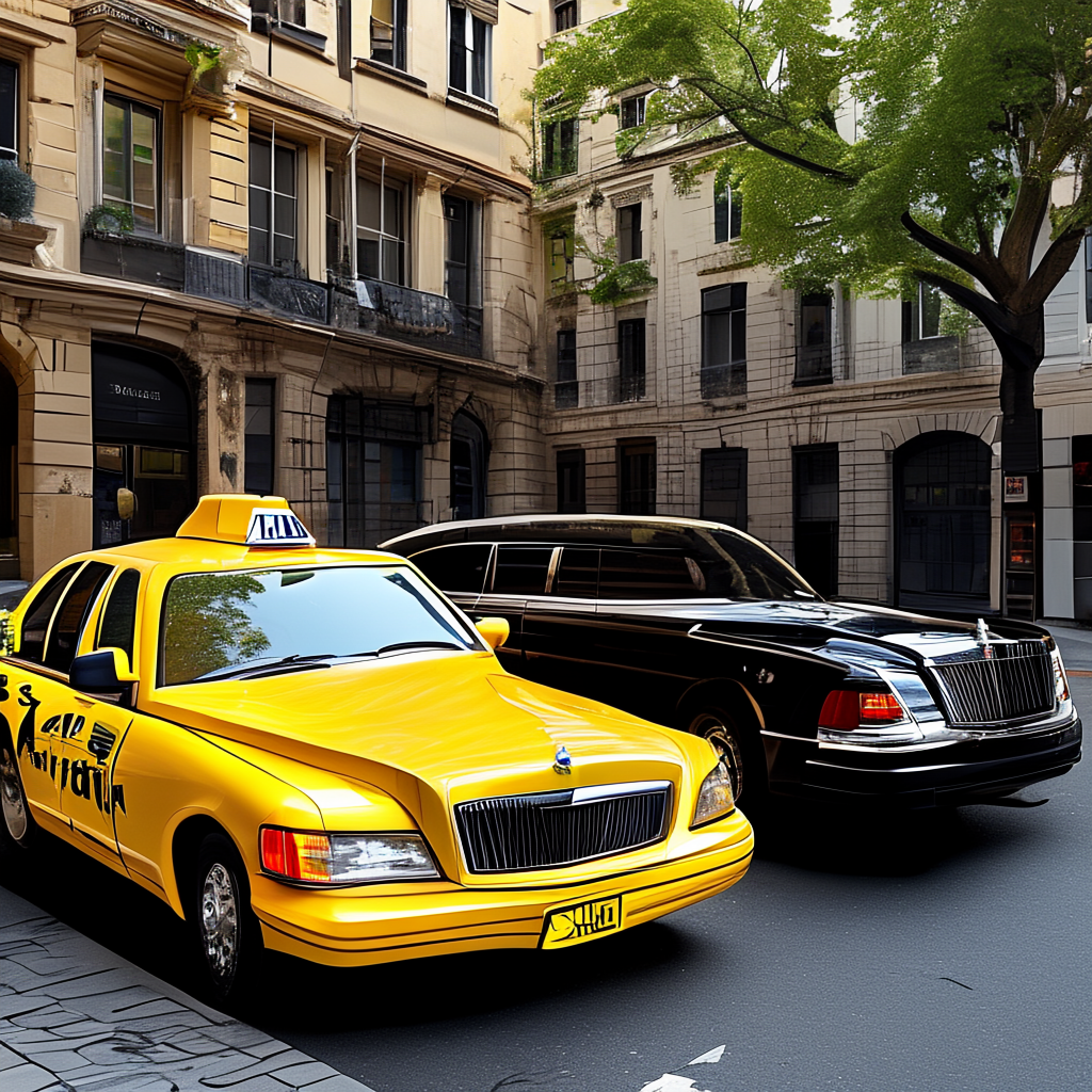 A yellow taxi and a black limousine parked next to each othe