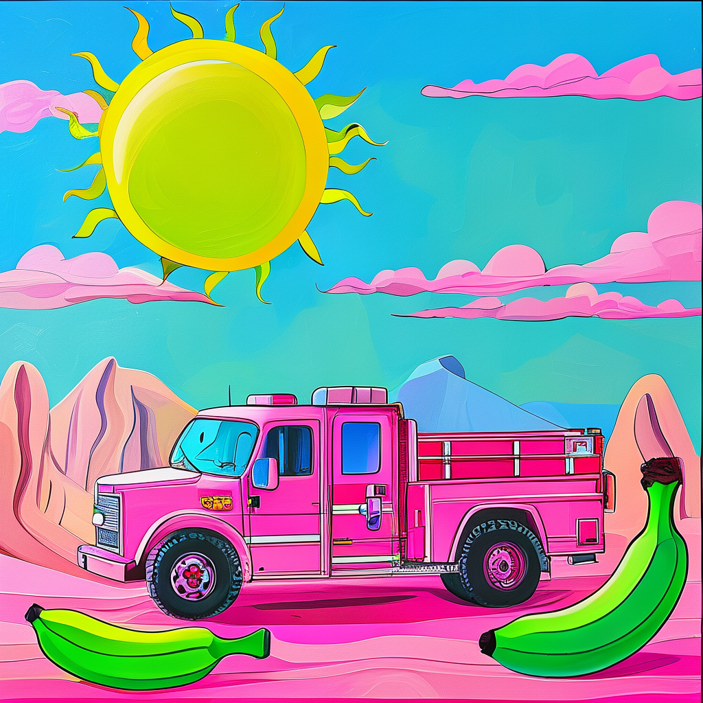 A pink fire truck, a blue banana, and a green sun in a surre