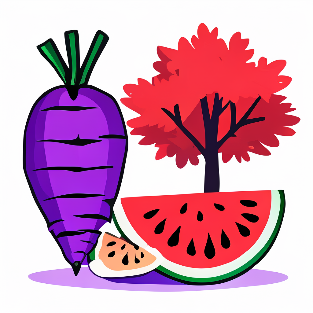 A purple carrot, a red tree with red leaves, and a white wat