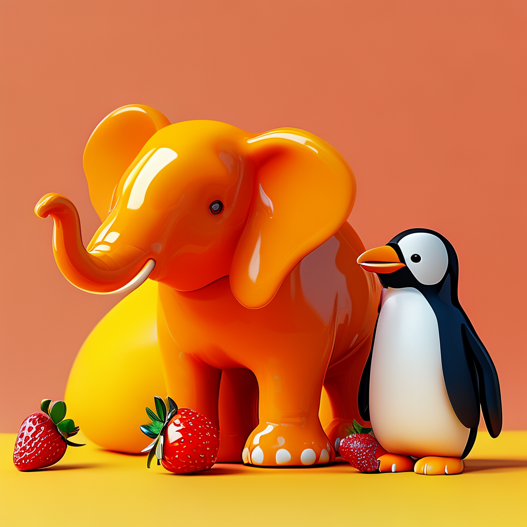 An orange elephant, a yellow penguin, and a silver strawberr