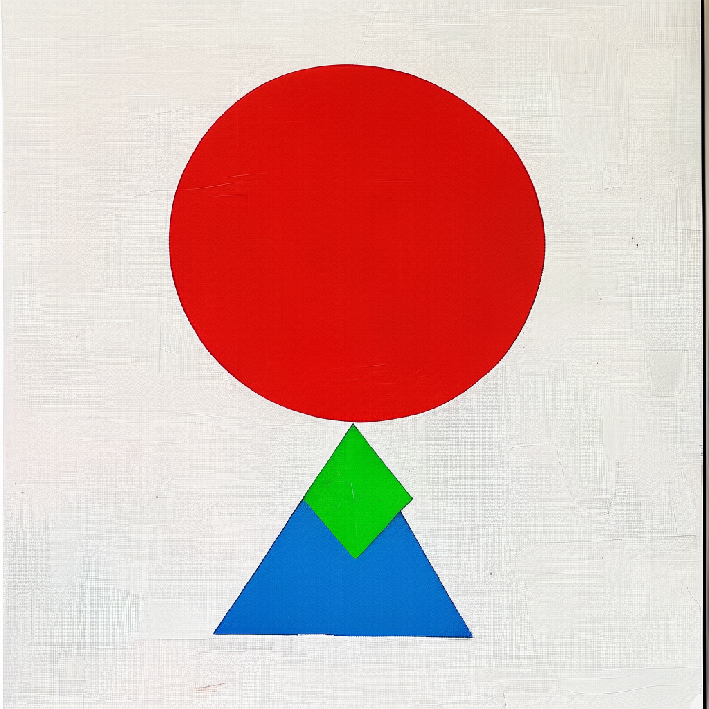 A large red circle, a small blue triangle, and a medium gree