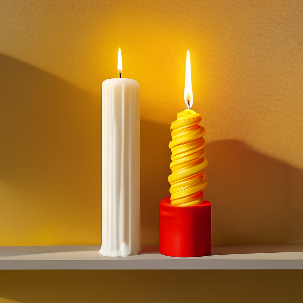 A tall thin white candle, a short fat red candle, and a medi