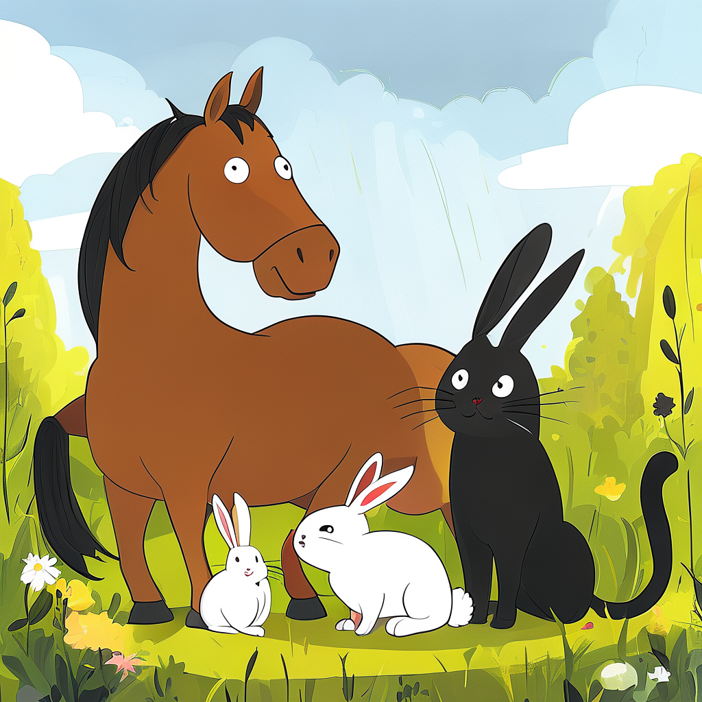 A big brown horse, a small white rabbit, and a medium-sized 