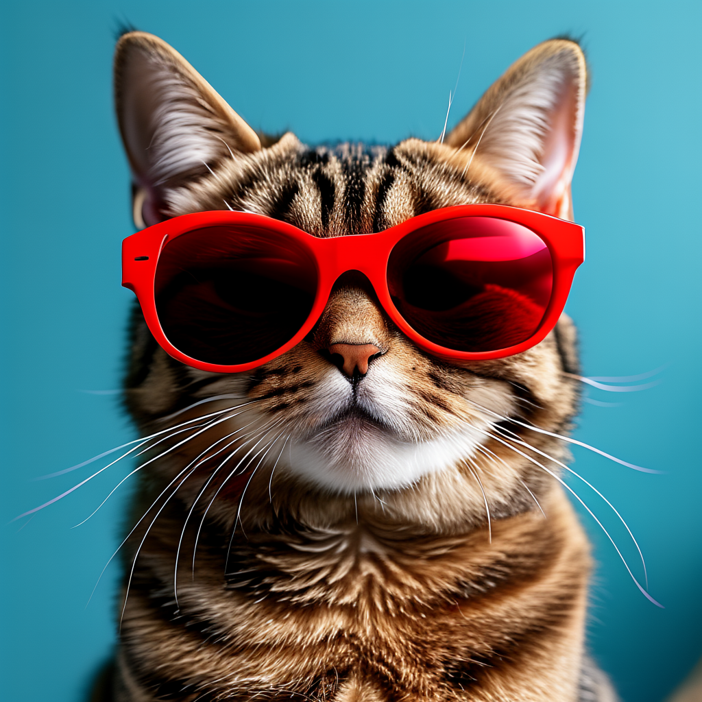 A tabby cat wearing oversized red sunglasses