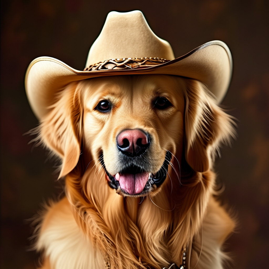 A golden retriever wearing a tiny cowboy hat